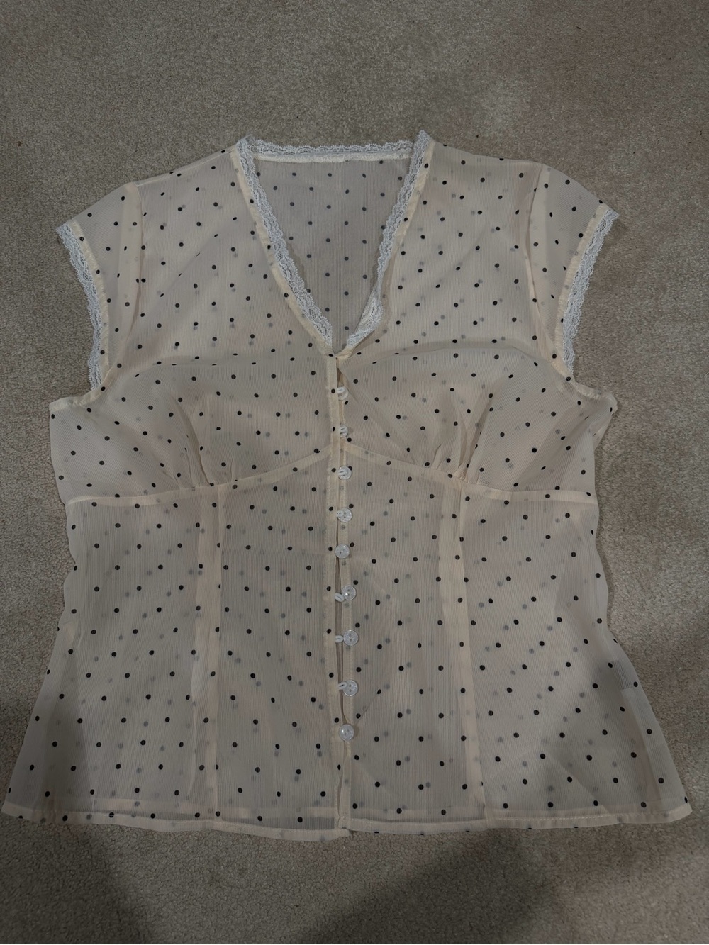 Vintage Sheer Polka Dot Lace-Trim Button Front Top - Cream with Black Dots
